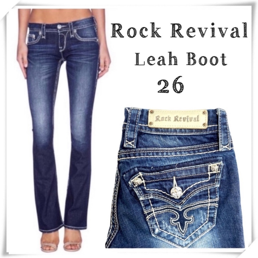 ROCK Revival Leah Boot Anchor Embroidered Pocket Bootcut Jeans Size 26 RJ83058